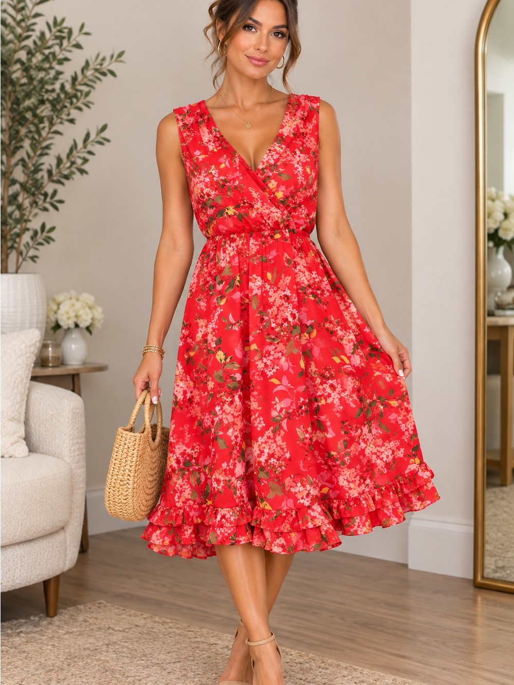 Floral 🔥 V-Neck Red Midi Dress